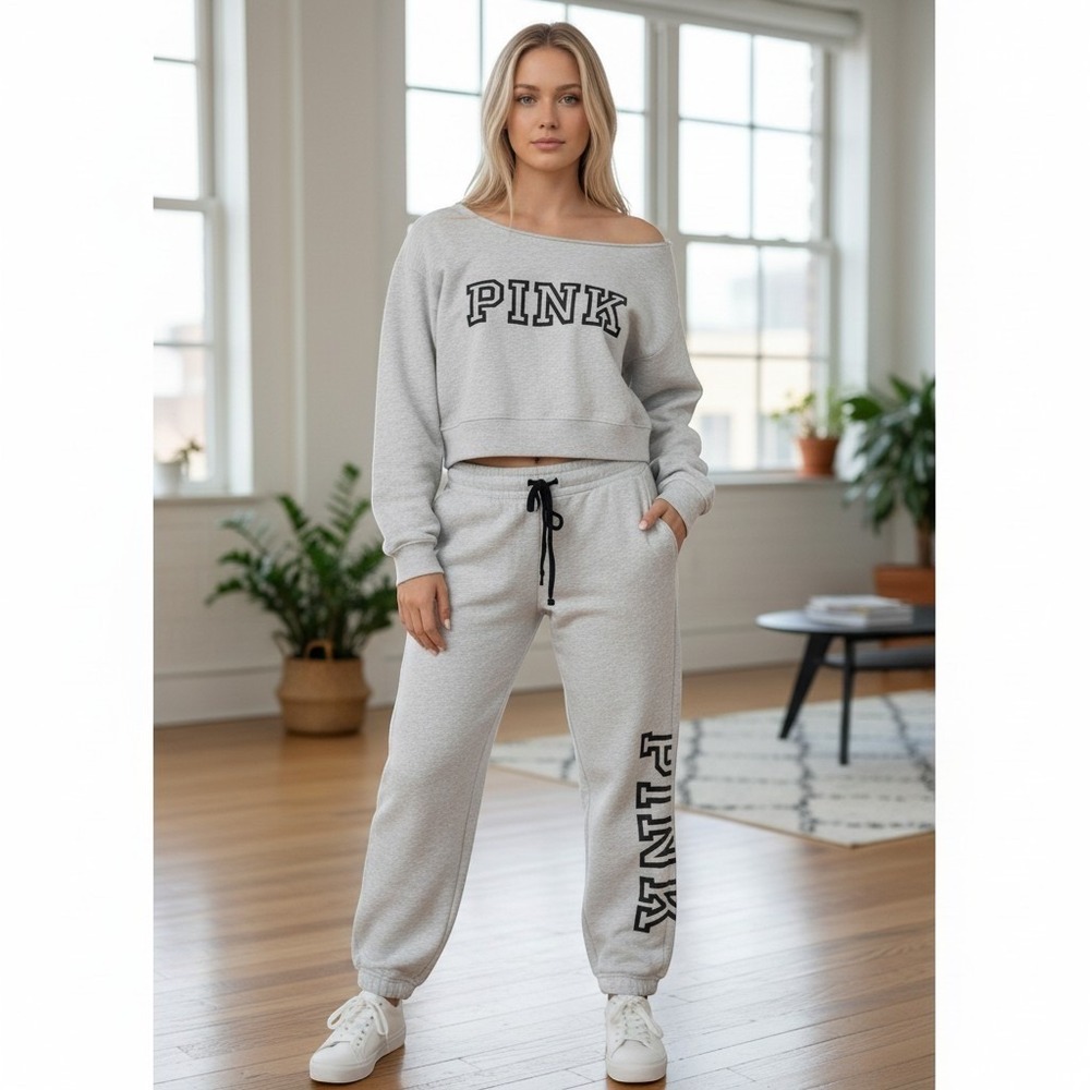 Victoria's Secret PINK heather grey lounge set bold, black logo S Y2K athleisure